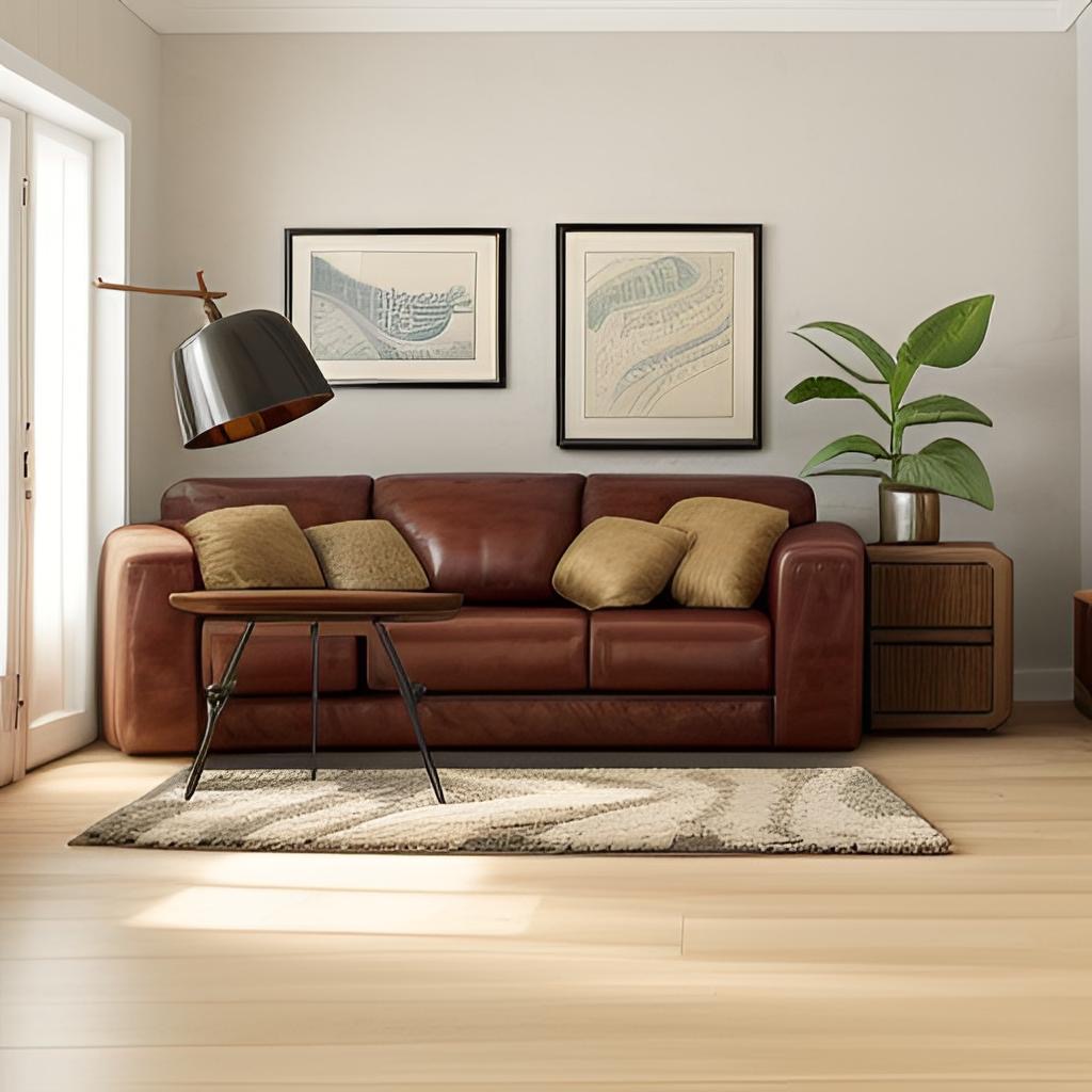 Living room furnished with a leather sofa, rug and wall art